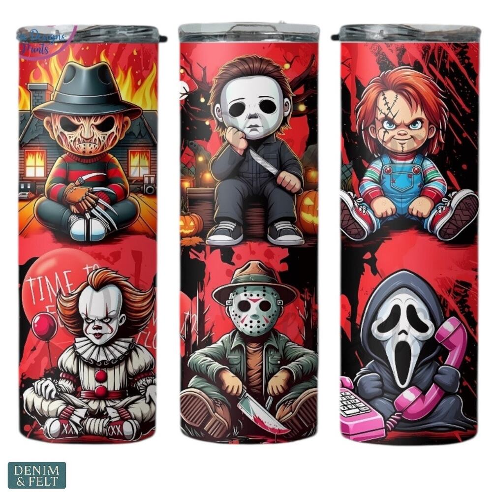 Horror Movie Characters 20oz Skinny Tumbler Cup Halloween Stainless Steel NEW - Picture 1 of 11